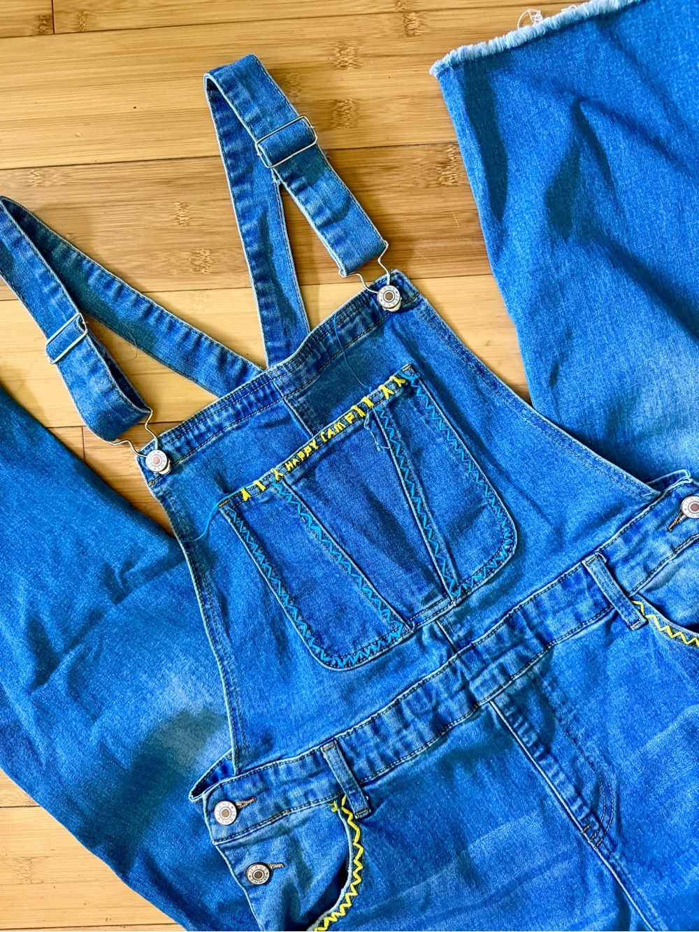 Embroidered “Happy Camper” Denim Overalls Women's Wide Leg Distressed